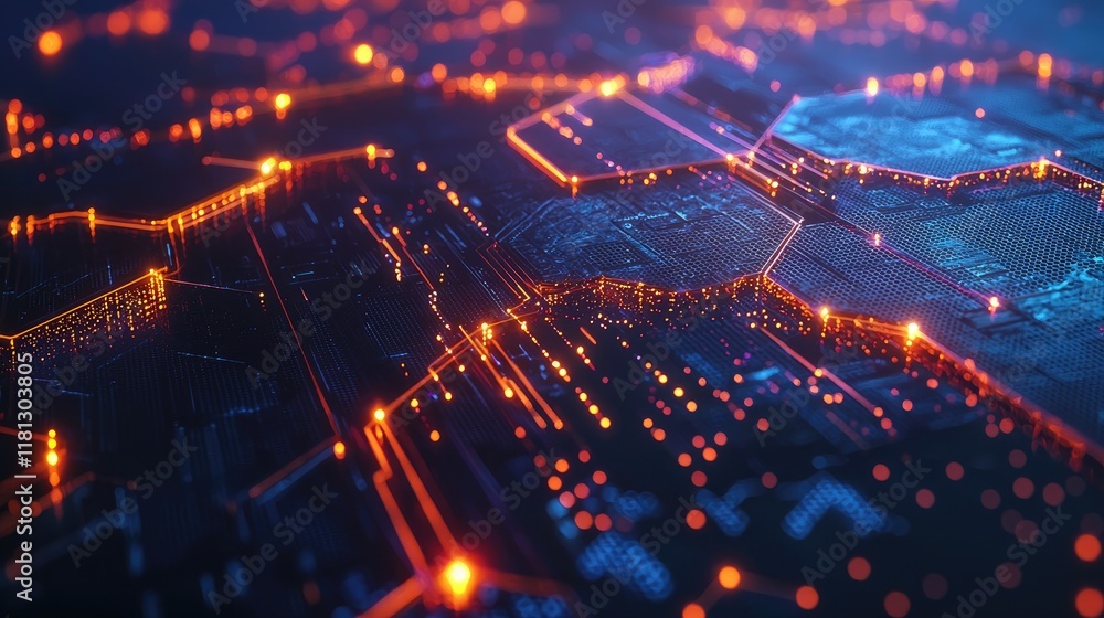 Aufkleber A stunning visual representation of Earth showcasing a digital network with hexagonal patterns and vibrant city lights at night, symbolizing technology and connectivity i