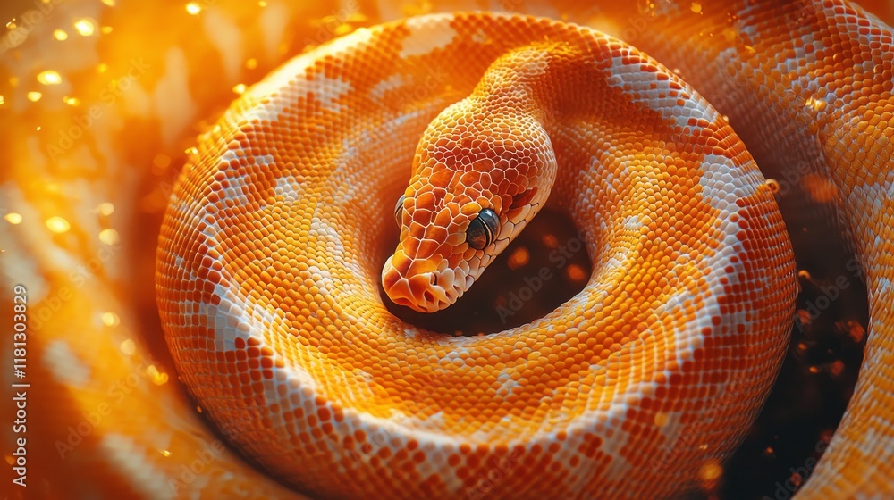 Poster A vibrant ball python elegantly curls in a spiral, revealing its intricate patterns. The warm, glowing backdrop enhances the striking colors, creating a captivating spectacle of nature