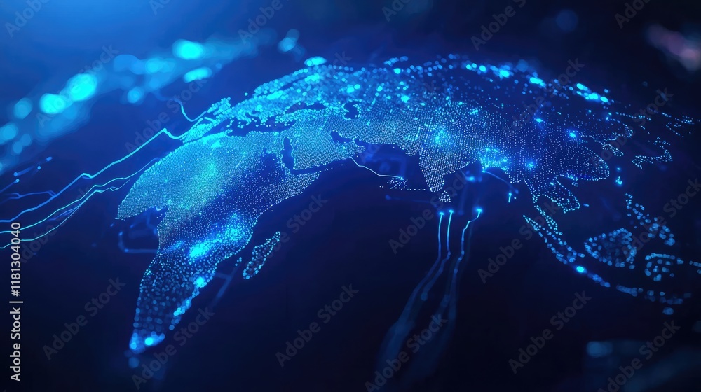 Poster Captivating abstract digital graphic showcasing data visualization with a world map and line chart representing financial trends and market indicators in blue and vibrant