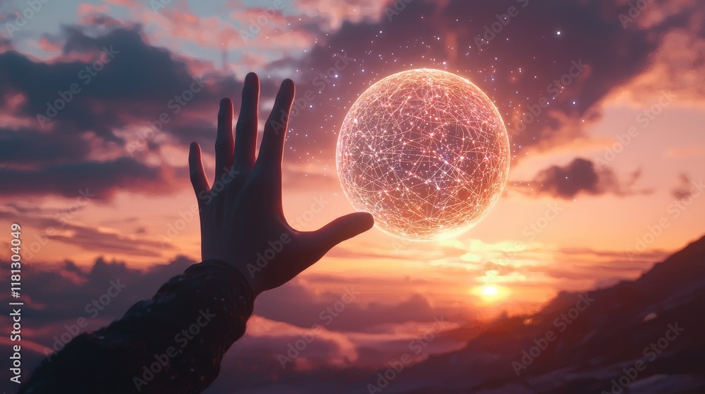 Aufkleber a captivating image of hands reaching toward a glowing digital sphere, symbolizing the connection be