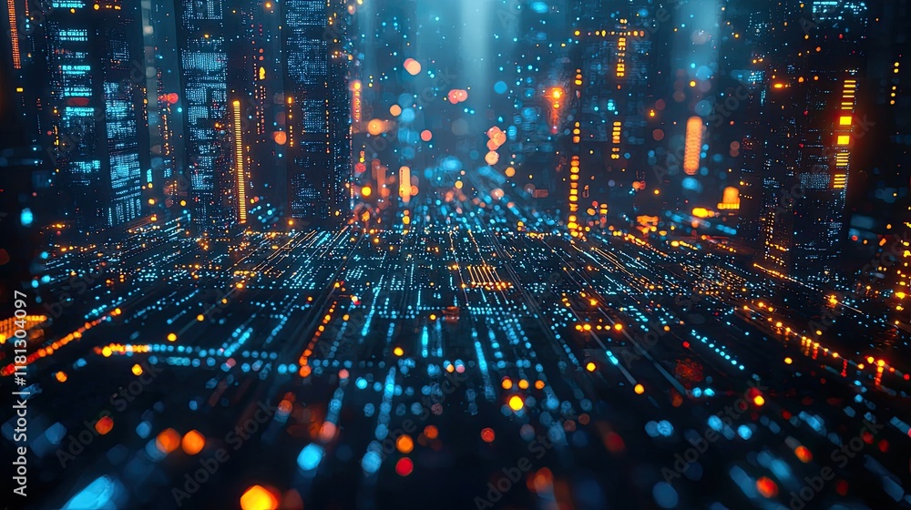 Aufkleber A stunning visual representation of Earth showcasing a digital network with hexagonal patterns and vibrant city lights at night, symbolizing technology and connectivity i