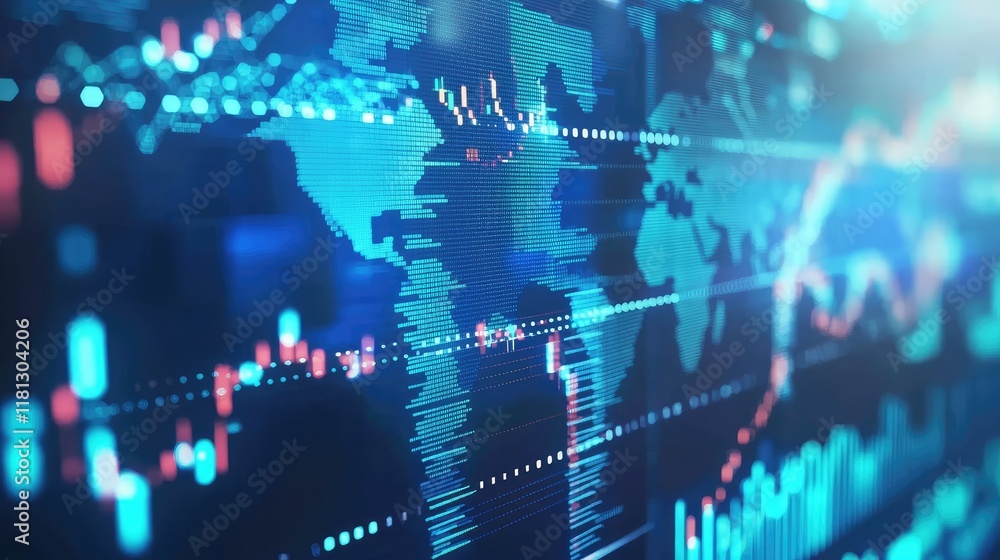 Poster Captivating abstract digital graphic showcasing data visualization with a world map and line chart representing financial trends and market indicators in blue and vibrant