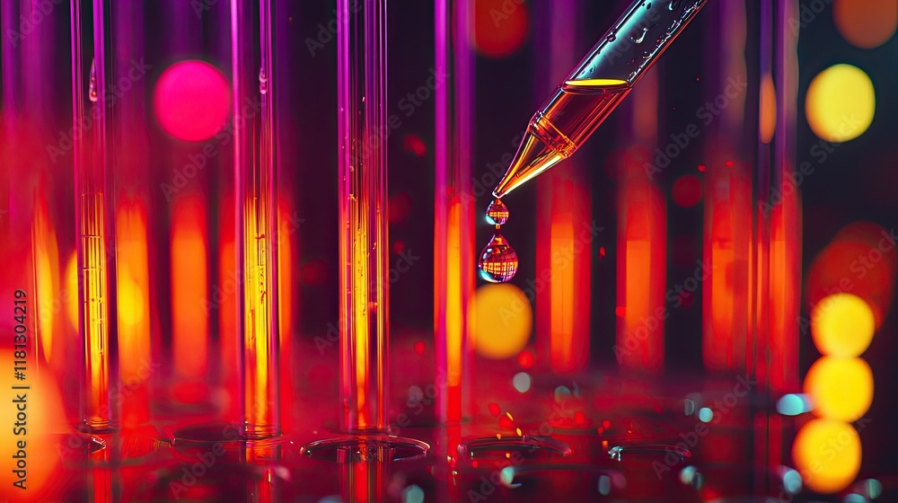 Poster A colorful display of laboratory test tubes with a pipette dropping liquid showcases scientific research in action, highlighting vibrant colors and precision techniques i