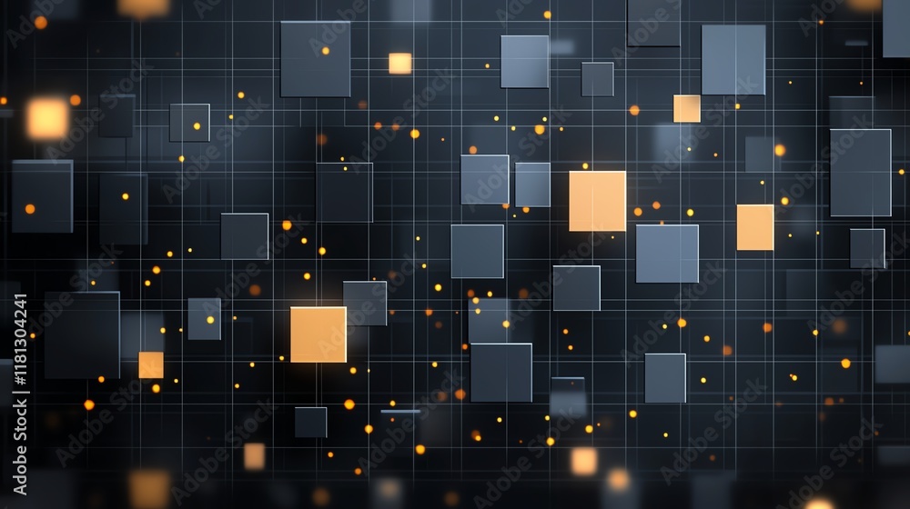 Poster a dynamic digital abstract design featuring scattered squares and luminous dots on a grid background
