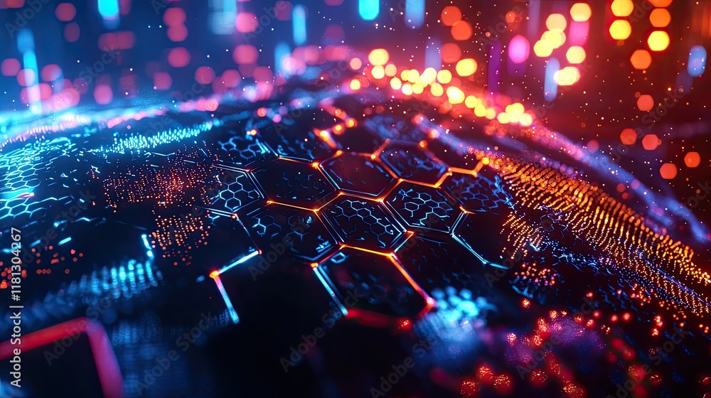 Aufkleber A stunning visual representation of Earth showcasing a digital network with hexagonal patterns and vibrant city lights at night, symbolizing technology and connectivity i