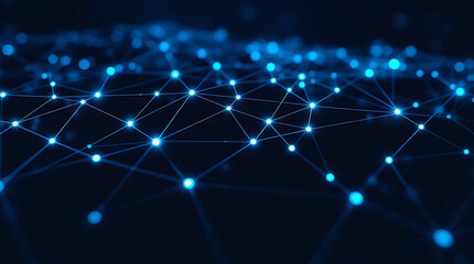 Obraz premium Futuristic Artificial Intelligence Network: A Digital Web of Interconnected Nodes Illuminated by Vibrant Blue Light on a Dark Bokeh Background