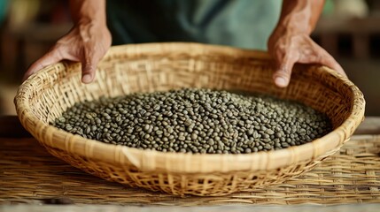 Obraz premium Handpicked green coffee beans displayed in a woven bamboo basket, with hands gently sifting through the beans to ensure quality