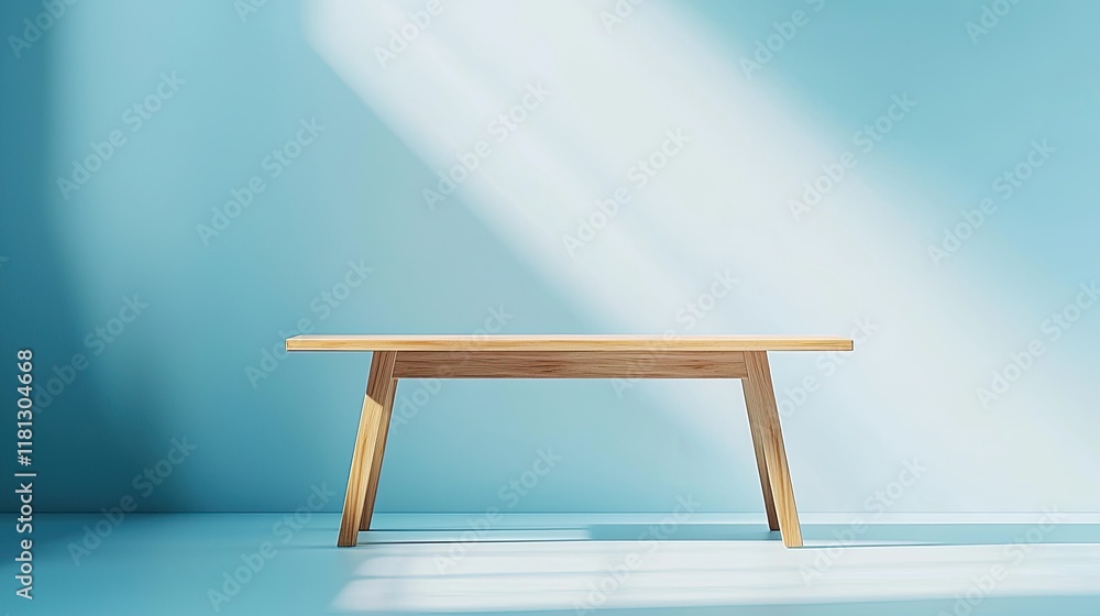 Poster a clean and simple light wood table sits against a soft blue background, perfect for product display