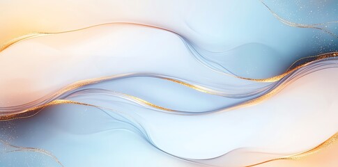 Obraz premium A soothing abstract design featuring flowing waves in soft hues of blue, orange, and gold. Perfect for backgrounds, prints, or creative projects seeking elegance and tranquility.