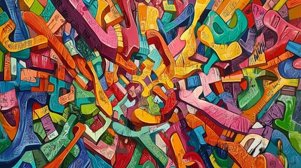 Fototapeta premium An abstract maze of graffiti letters and shapes blending into a kaleidoscope of bright colors and sharp contrasts