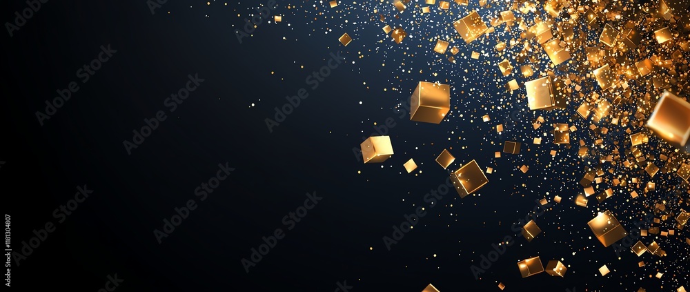 Poster a stunning array of golden cubes and sparkling particles gracefully falling against a dark backdrop,
