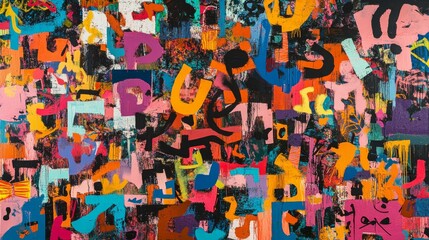 An abstract maze of graffiti letters and shapes blending into a kaleidoscope of bright colors and sharp contrasts