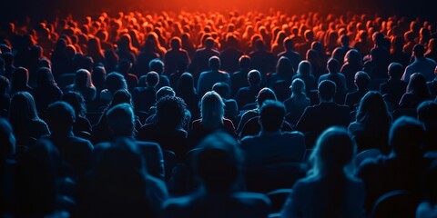 Group, people and seminar in arena, crowd and connection. Silhouette, businesspeople and public networking with communication, community and human interaction for culture development, Generative AI