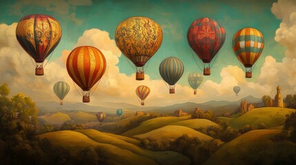 Obraz premium Colorful Hot Air Balloons Floating Over Scenic Hills and Mountains