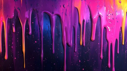 A seamless texture of neon paint drips on a dark, glossy surface. 