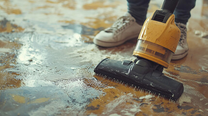Person using vacuum cleaner for water removal from floor surface