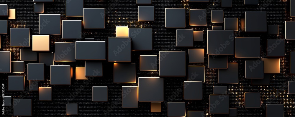 Poster a modern abstract composition featuring a grid of luminous black cubes. the interplay of light and s