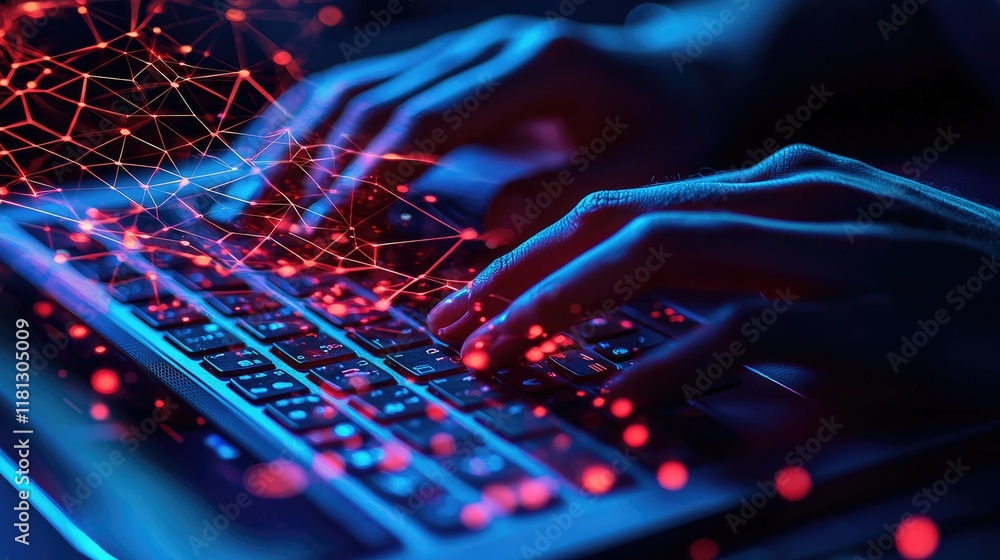 Fototapete A close-up view of hands typing on a laptop, overlaid with digital network icons symbolizing cloud computing and modern technology connectivity in a contemporary workspac