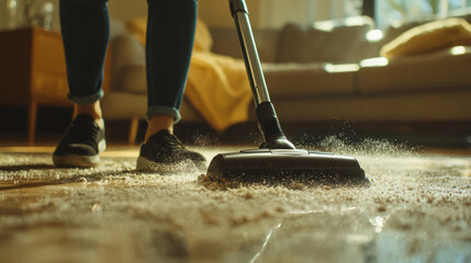 Person vacuuming a living room carpet in sunny home