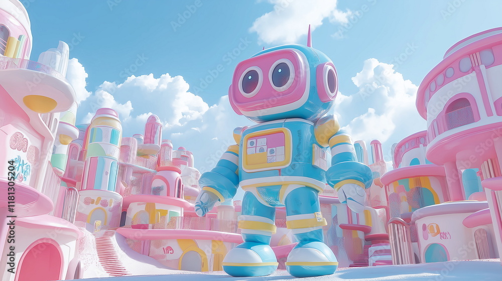 Poster a friendly robot postman delivering letters in a f_007