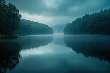 Fototapeta premium Serene lake surrounded by misty trees reflecting on calm water.