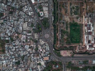 Aerial view of Junagarh Fort surrounded by urban landscape and historic architecture, Bikaner, India.