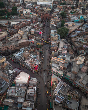 Aerial view of vibrant and bustling Kote Gate with crowded streets and historic architecture, Bikaner, India.