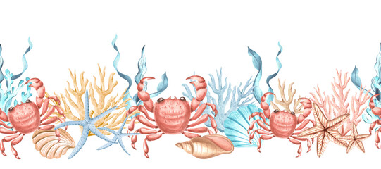 Crabs, seashells with corals and seaweed with starfishes. Seamless border. Hand drawn watercolor illustration. Marine background with reef animal. Nautical template for wallpaper, textile, packaging.
