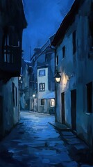 Obraz premium A serene, dimly-lit alleyway at night with charming buildings.