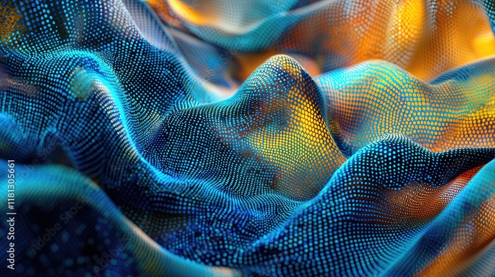 Poster a captivating abstract image showcasing flowing digital waves formed by dots in vibrant blue and tur