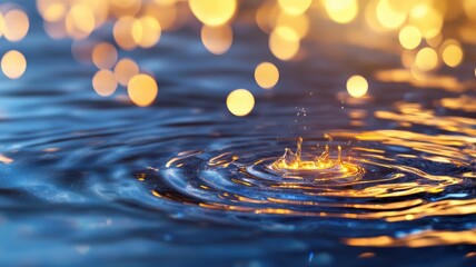 Gentle water ripples adorned with shimmering golden bokeh light create a serene and enchanting atmosphere.