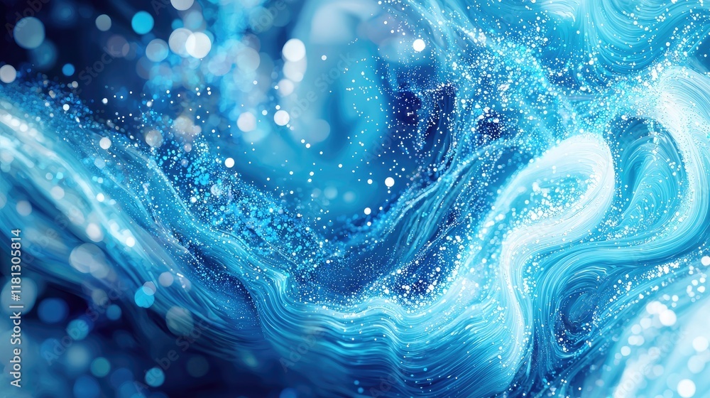 Poster A captivating abstract image showcasing flowing digital waves formed by dots in vibrant blue and turquoise, perfect for themes of technology, innovation, and design.