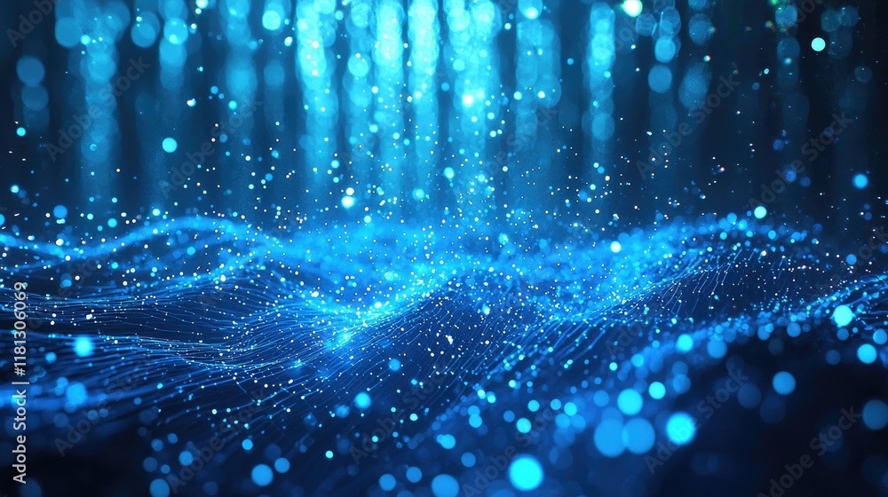 Aufkleber Discover a stunning abstract digital background featuring glowing dots and lines that symbolize data connection and networking in a captivating blue gradient.
