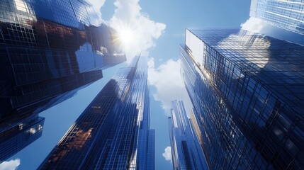 Stunning view of modern skyscrapers reaching towards a bright blue sky, with sunlight reflecting elegantly off the glass surfaces, showcasing urban architecture and city