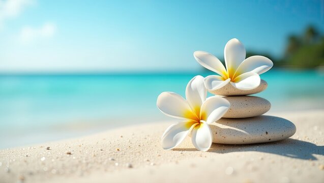 Pierres et galets blancs zen et fleur de frangipanier sobre fond de mer and plage tropicale de sable blanc, relaxation en vacances