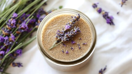 Lavender-infused chia pudding topped with fresh lavender sprigs, served in a glass jar for a calming, plant-based dessert