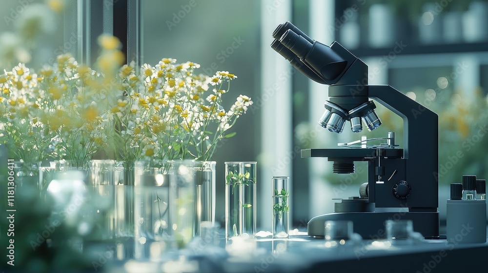 Poster A modern microscope positioned near test tubes containing various plant samples, emphasizing the connection between science and nature in a laboratory environment.