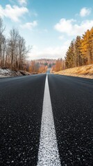 Fototapeta premium A straight road stretches through a scenic landscape with autumn trees.