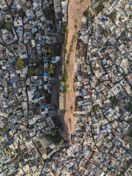 Aerial view of vibrant and colorful rooftops in the historic blue city, Jodhpur, India.