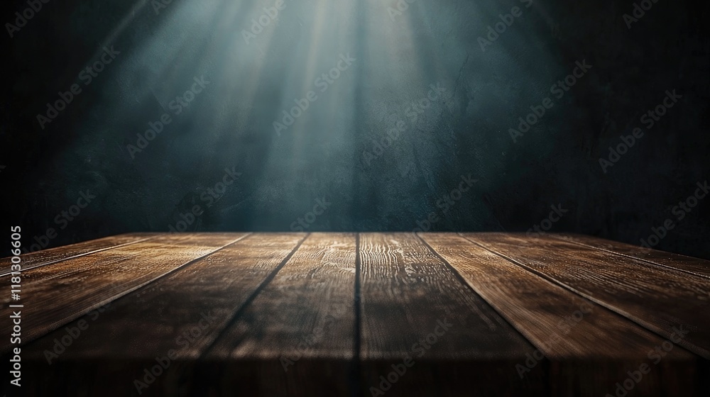 Poster Captivating wooden table surface highlighted by dramatic light rays in a dark atmosphere, ideal for creating striking backgrounds or showcasing products and designs.