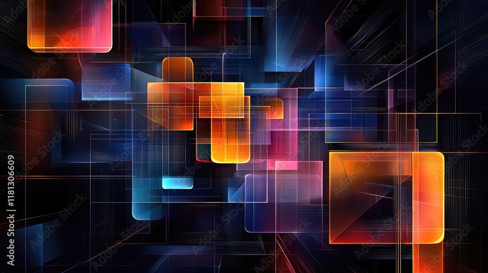 Poster This abstract image features glowing geometric shapes against a dark backdrop, symbolizing innovation and modern technology, perfect for digital art projects and tech pre