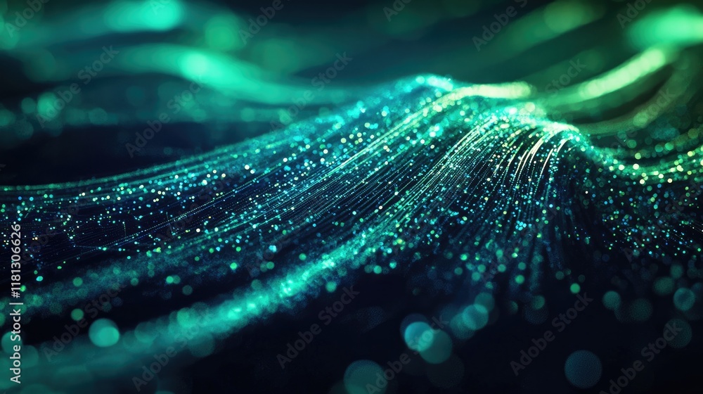 Poster This image showcases an abstract representation of financial trends and analytics through dynamic line graphs and charts in rich blue and green tones, ideal for technolog