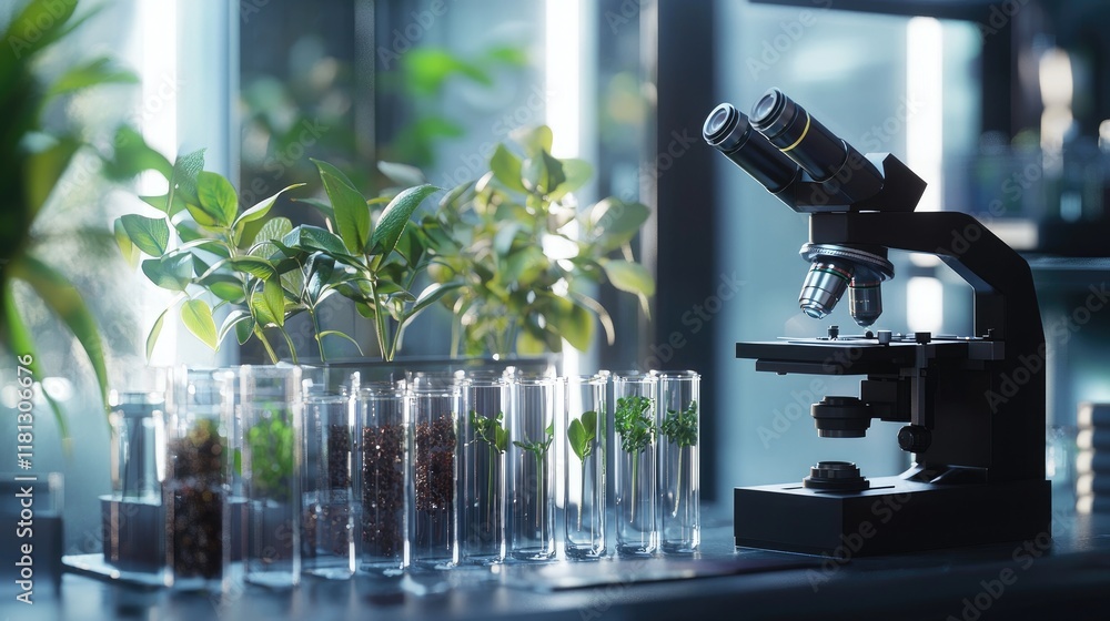 Poster A modern microscope positioned near test tubes containing various plant samples, emphasizing the connection between science and nature in a laboratory environment.