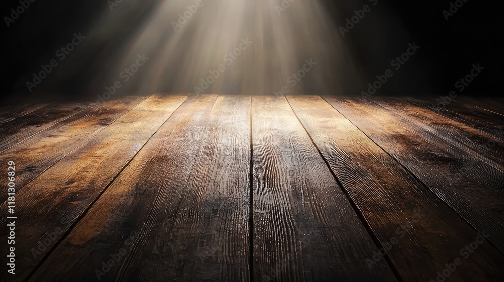 Fototapete captivating wooden table surface highlighted by dramatic light rays in a dark atmosphere, ideal for 