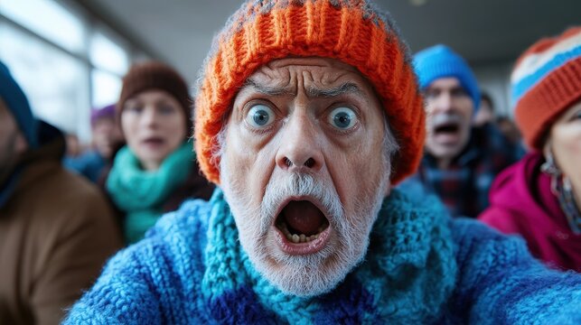 A close-up of an elderly man in a vibrant knitted sweater, surrounded by a crowd, expressing shock and fear, encapsulating a moment of shared emotional experience during an event.