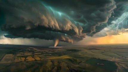 Fototapeta premium Dark storm clouds gather over a tornado forming in the open landscape at sunset
