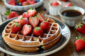 Round waffle with fresh strawberries and icing sugar, served on a plate with a cup of coffee, perfect for a delicious breakfast or brunch