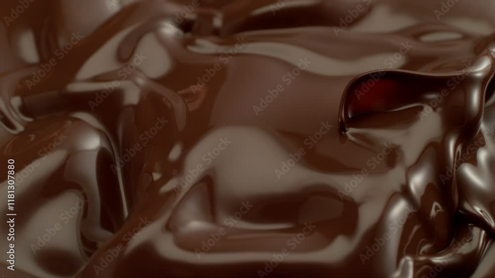 Poster super slow motion of splashing hot melted chocolate, creating waves shapes, filmed on high speed cin