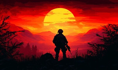 Graphic silhouette of armed soldier or marine at sunset..War concept., Generative AI