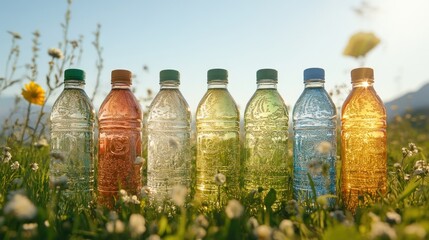 Mineral water in bottles arranged on green grass, clear sky behind